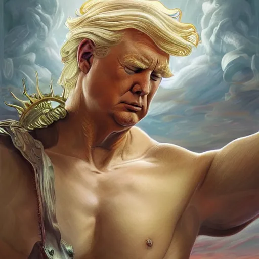 Image similar to donald trump as a heavenly god, upper body, muscular, fantasy, intricate, elegant, highly detailed, digital painting, artstation, concept art, smooth, sharp focus, illustration, art by artgerm and greg rutkowski and alphonse mucha