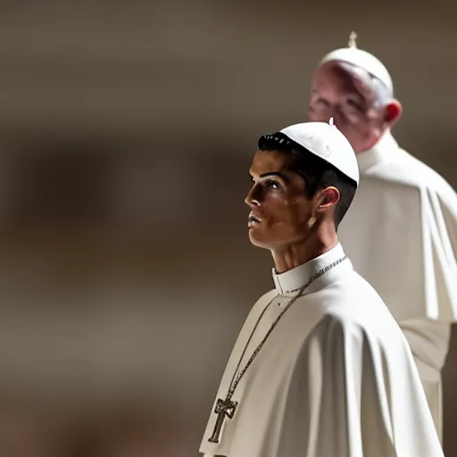 Image similar to cristiano ronaldo as pope, accurate, 30mm, dramatic lighting, nikon