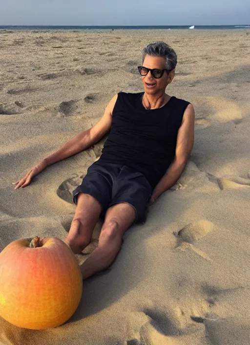 Image similar to jeff goldblum as a melon on the sand of a beach