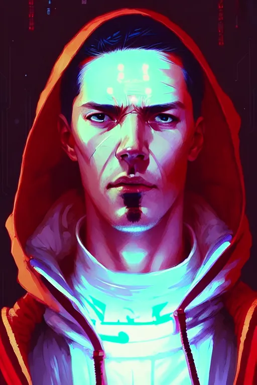 Image similar to cyberpunk synth, hyper - realistic portrait of a man in a white and red hoodie, cyberpunk, by atey ghailan, by greg rutkowski, by greg tocchini, by james gilleard, by joe fenton, by kaethe butcher, dynamic lighting, gradient light blue, brown, blonde cream and white color scheme, grunge aesthetic