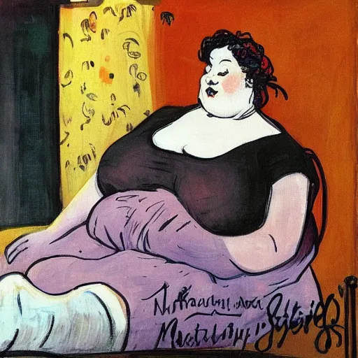 Image similar to a beautiful painting of a beautiful fat woman wearing a nightgown drinking coffee in a bed with white sheets in the style of in the style of Telous Lautrec