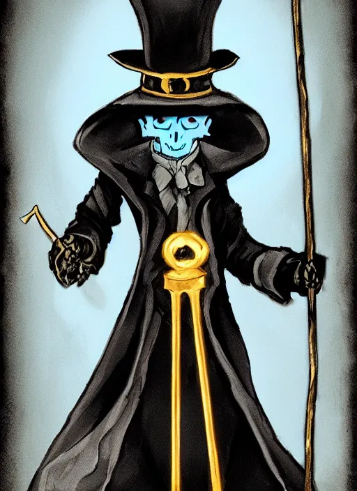 Image similar to DND character concept, skeletal male figure, wearing a deep black suit!!! and tie and top hat, holding a gold! cane!. Surrounded by light blue!!! flames!!