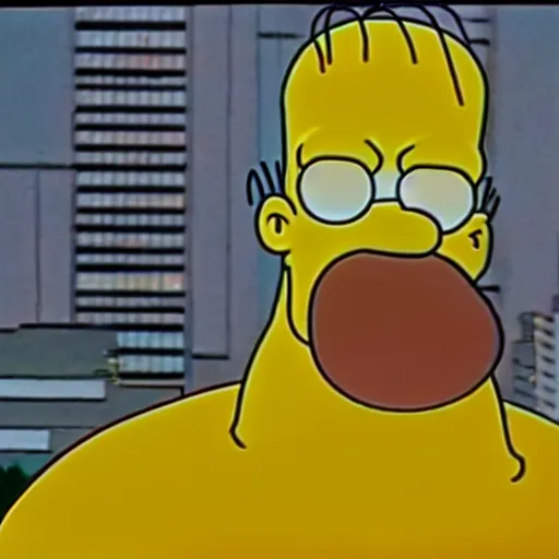 Image similar to a still of homer simpson from die hard ( 1 9 8 8 ), long shot, 1 5 0 mm