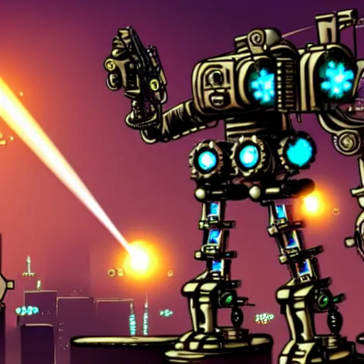 Image similar to A steampunk-style mech with machine guns, rocket launchers, and lasers towering over a city