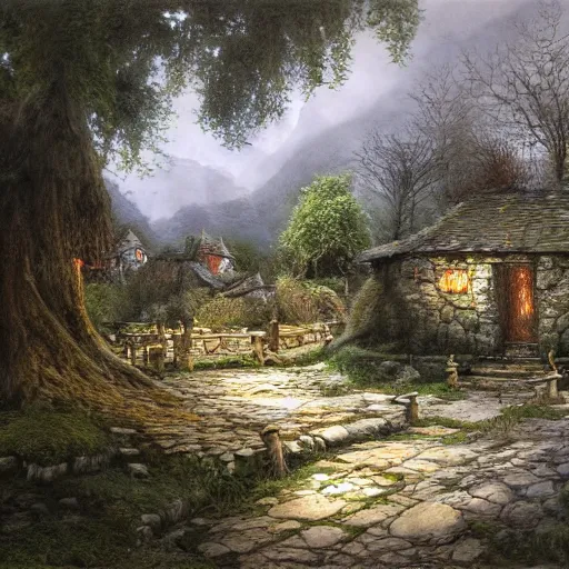 Image similar to a small serene fantasy village on the edge of the woods, by alan lee, lord of the rings, smooth, detailed terrain, oil painting, matte painting, concept art, trending on artstation