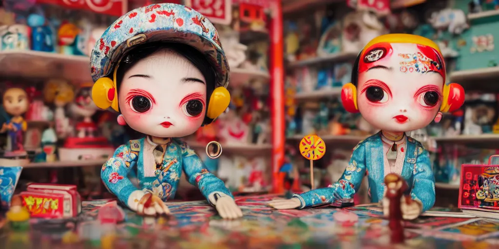 Image similar to closeup portrait of tin toy retro tokyo corner store diorama, depth of field, f 3 2, zeiss lens, detailed, centered, fashion photoshoot, by nicoletta ceccoli, mark ryden, lostfish, breathtaking, 8 k resolution, extremely detailed, beautiful, establishing shot, artistic, hyperrealistic, octane render, - h 8 0 4