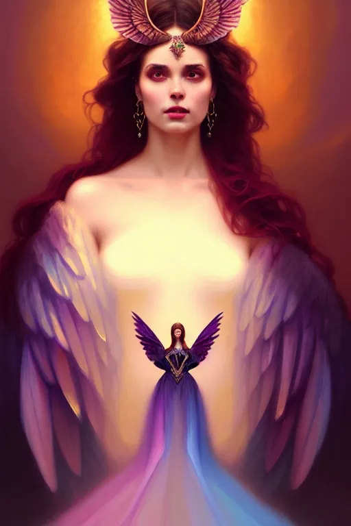 Image similar to beautiful portrait oil painting, ombre velvet gown, beautiful elegant bird woman with wings, portrait, dramatic light on face, long hair, tiara, dozens of jeweled necklaces, by greg rutkowski, brom, anato finnstark, alphonse mucha, oil painting, highly detailed, cinematic lighting, unreal,