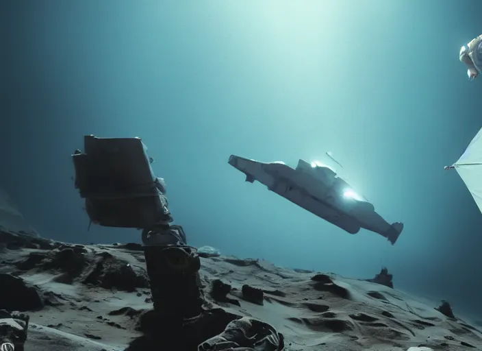 Prompt: astronaut underwater putting a flag in the sand of the bottom of the ocean. in the background, a submarine is visible. dark, concept art, cinematic, dramatic, atmospheric, 8 k, trending on artstation, low visibility, zack snyder