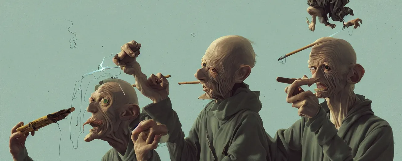 Image similar to duotone olive illustration 3 / 4 portrait of gollum smoking joints with gandalf symmetric composition accidental renaissance golden ratio. by sachin teng and sergey kolesov and ruan jia and heng z. graffiti art, scifi, fantasy, hyper detailed. octane render. concept art. trending on artstation