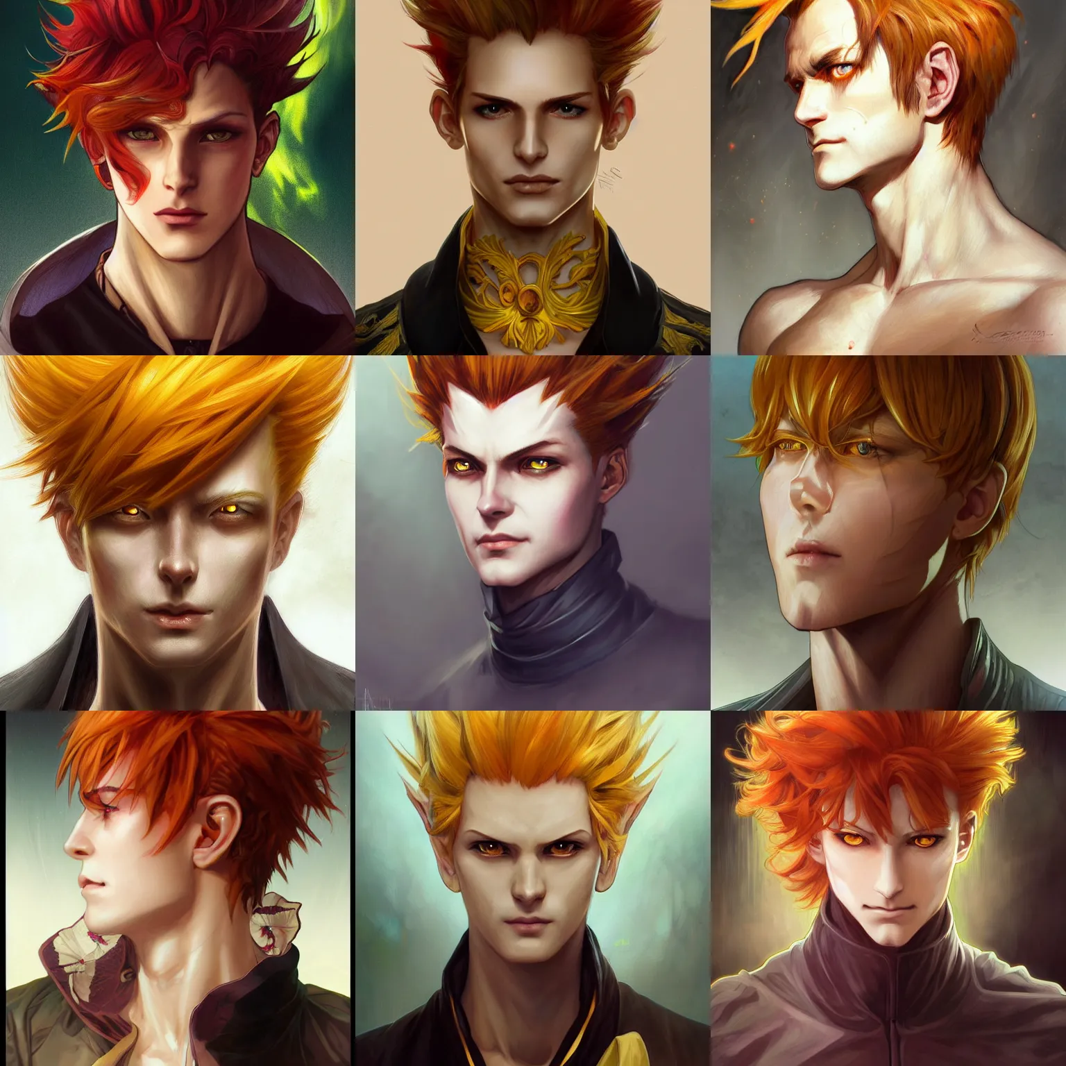 Prompt: portrait of hisoka morow hunter hunter, male, upper body sharp jaw yellow eyes small eyes red hair, slicked medium length hair, anime, fantasy, intricate, elegant, highly detailed, digital painting, artstation, key art anime sharp focus, illustration, art by artgerm and greg rutkowski and alphonse mucha