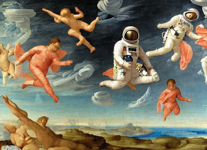 Prompt: an astronaut floating in space, in the style of a renaissance painting