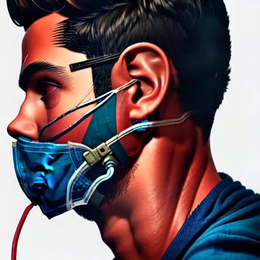 Prompt: a portrait of a man :: side profile blood :: background sea :: intricate details :: oxygen mask :: 3d render :: MARVEL comics and Sandra Chevrier