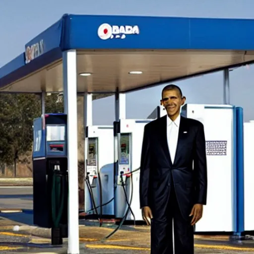 Image similar to barack obama, standing by a gas station, fresh fade haircut