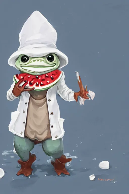 Image similar to cute anthropomorphic frog wearing a white butcher coat with a white butcher hat and holding a cleaver, cutting a wipe red watermelon, tiny, small, miniature frog, baby animal, short, pale blue armor, cute and adorable, pretty, beautiful, DnD character art portrait, matte fantasy painting, cgsociety Artstation, by Jason Felix by Steve Argyle by Tyler Jacobson by Peter Mohrbacher, cinematic lighting