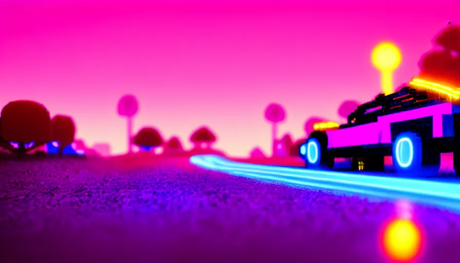 Image similar to luminescent lego car driving on a neon road into the distance with glowing cyberpunk signs leaving long glowing trails, dark magical forest, synthwave, octane render, purple fog, futuristic, sunset, purple rays, reflective mirror puddles, beautiful lighting, ultra realistic, highly detailed, 8 k