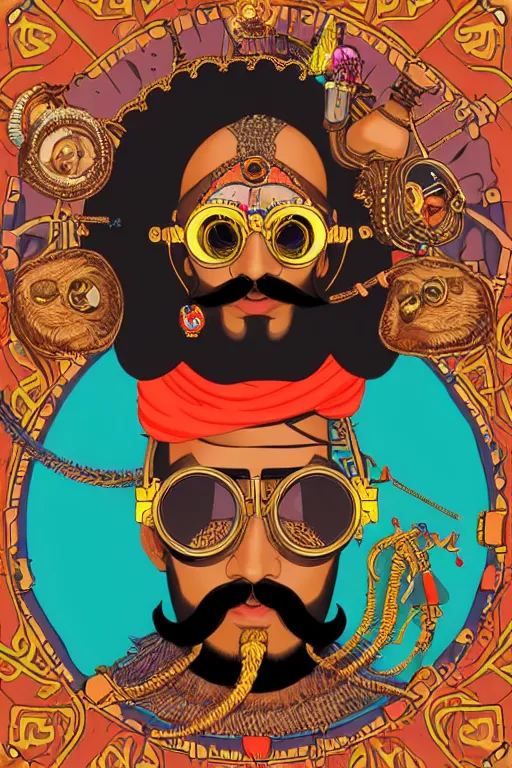 Image similar to face portrait of a rajasthani man with long neon moustache and beard and rajasthani pagdi wearing steampunk goggles and jewelry having lots of tattoos and earrings, art by butcher billy and mucha, sticker, colorful, illustration, highly detailed, simple, smooth and clean vector curves, no jagged lines, vector art, smooth