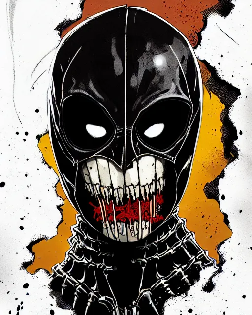 Prompt: highly detailed closeup portrait of a cyborg carnage symbiote in deadpool suit with skeleton skull face, black hoodie by atey ghailan, by greg rutkowski, by greg tocchini, by james gilleard, by joe fenton, by kaethe butcher, gradient, yellow, black, brown and white color scheme, grunge aesthetic!!! black graffiti tag wall background