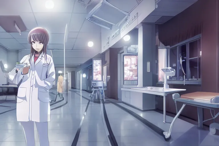 Prompt: a cute and beautiful young lady, a radiologist wearing white coat in a hospital building, highly detailed, slice of life anime, illustration, anime scenery by Makoto shinkai