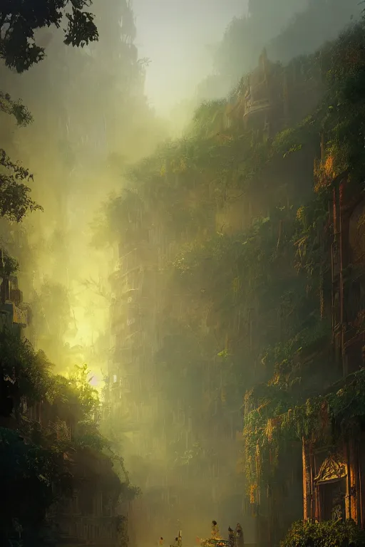 Image similar to old aztec city of gold in the middle of the forest, intricate, elegant, volumetric lighting, digital painting, highly detailed, artstation, sharp focus, illustration, concept art, ruan jia, steve mccurry