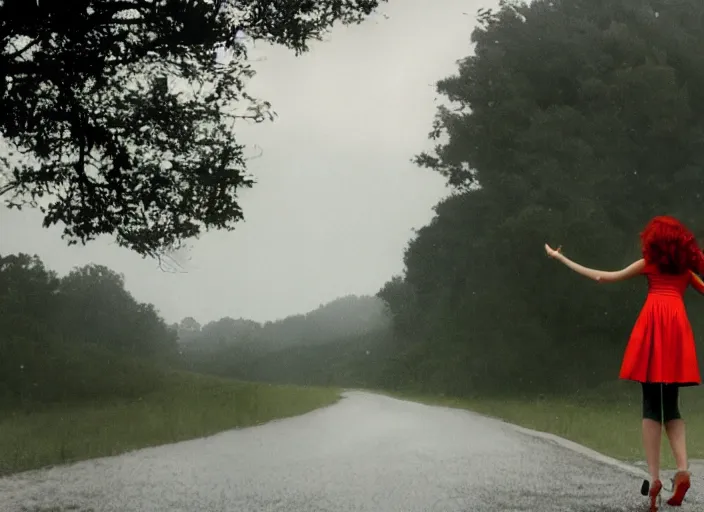 Image similar to A very high resolution image from a new movie, landscape from a car window , teen red hair woman, raining, hot, directed by wes anderson