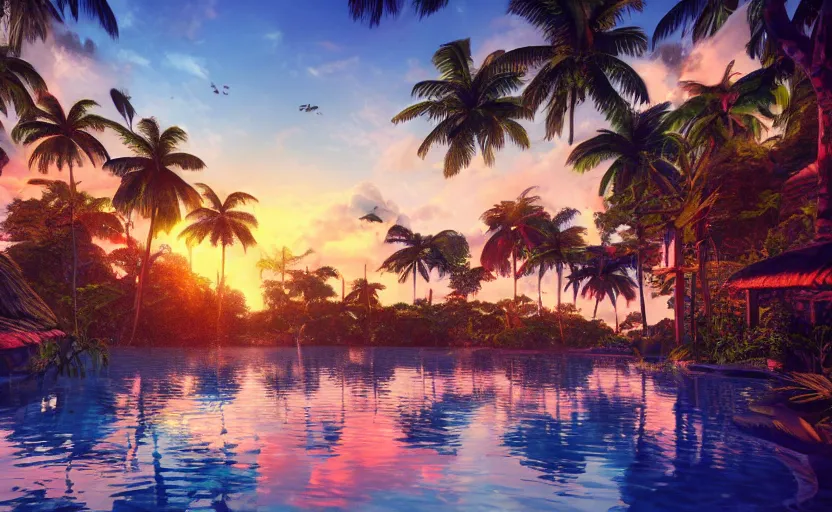 Image similar to a tropical resort in a jungle paradise, with a beautiful red and blue sunset, dynamic lighting, photorealistic fantasy concept art, trending on art station, stunning visuals, creative, cinematic, ultra detailed, ray tracing, sun rays, native tribes, wonderous waters, amazing detail