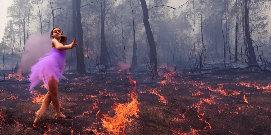 Prompt: a young woman dances in a forest fire. she burned in the flames in purple fog