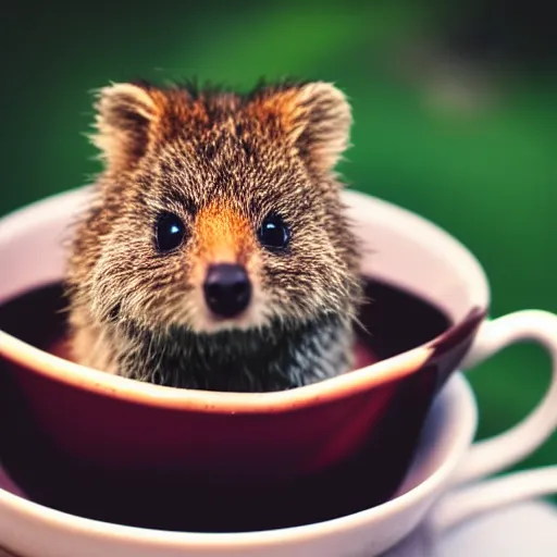 Prompt: baby quokka in a teacup, photography, minimalistic, 8k