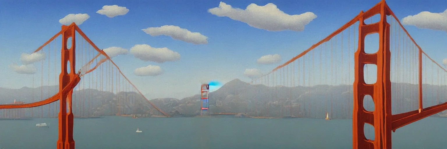 Prompt: Golden Gate Bridge oil painting magritte