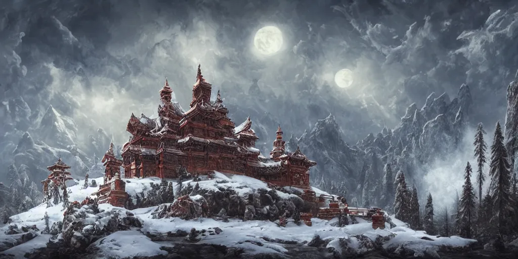 Image similar to Epic Exterior of ornate mountain temple, craggy cliffs, swirling skies, blood moon, very ominous environment, icy ground, wintry light, icy snowy stunning atmosphere, godly light, light shafts, epic realm, bloom, in style of Ivan Shishkin and in style of Greg Rutkowski