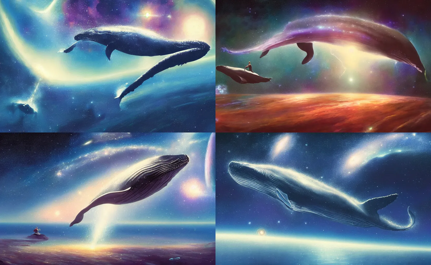 Prompt: A surreal painting of a whale flying through the milky way galaxy in space, by Greg Rutkowski and Bruce Pennington, surreal, psychedelic, artstation, 8k wallpaper,