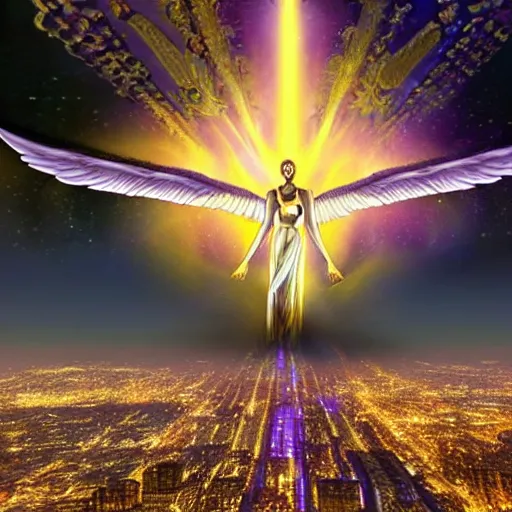 Prompt: a render of a gigantic biblically accurate angel with rings of fire and many eyes over a city, purple, gold, hyper detailed, realistic, photorealistic