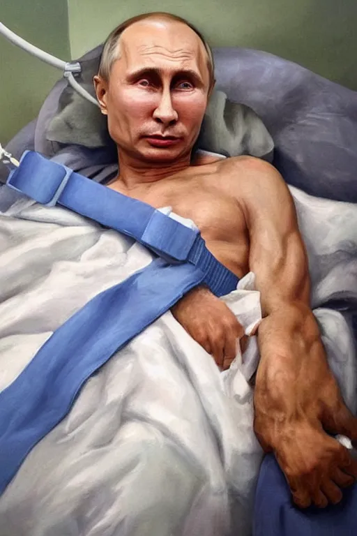 Prompt: a super very hyperrealistic oil painting of ill Vladimir Putin as a patient wearing an oxygen mask on a death bed inhaling from Copium tank that stand near his bed, visible face, oil painting, highly detailed, hyper realistic, volumetric lighting