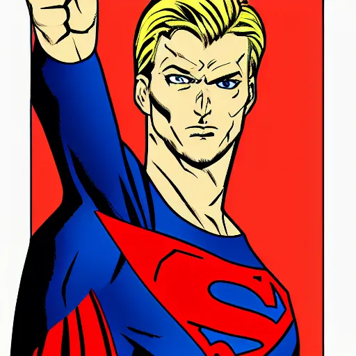 Image similar to portrait of a evil blonde superman two sides hair and thin face lines, his cape is the american flag, he is angry