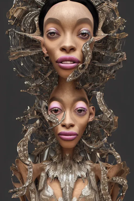 Image similar to a highly detailed medium shot 8 k render portrait of an alien goddess winnie harlow in iris van herpen dress schiaparelli in diamonds and jewelry in style of alphonse mucha trending on artstation made in unreal engine 4