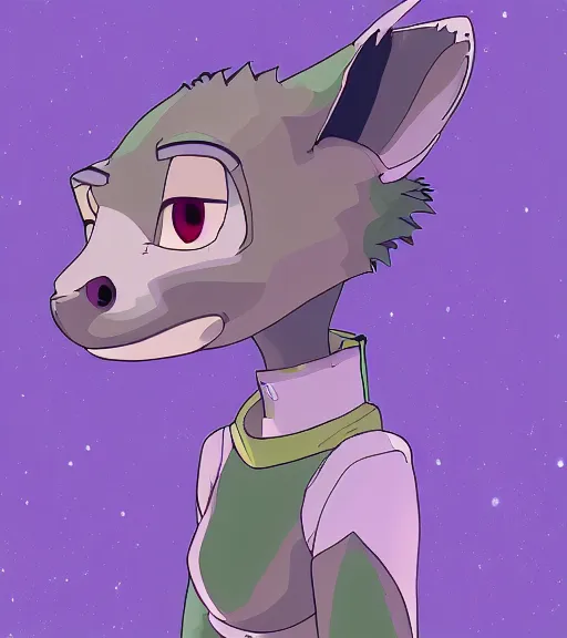 Image similar to digital detailed full body of anthromorphic female hyena, in style of zootopia, fursona, furry, furaffinity, 4 k, deviantart, wearing astronaut outfit, in style of zootopia, floating in space, space background, in deep space, dark background, hyena fursona, cyberpunk, female, stylized face,