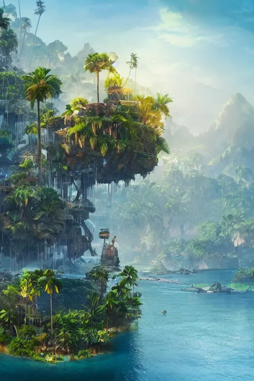 Prompt: floating tropical island a City in top, dynamic lighting, volumetric, bokeh, cinematic, establishing shot, extremly high detail, photo realistic, cinematic lighting, post processed, concept art, artstation, matte painting, style by eddie mendoza, raphael lacoste, alex ross