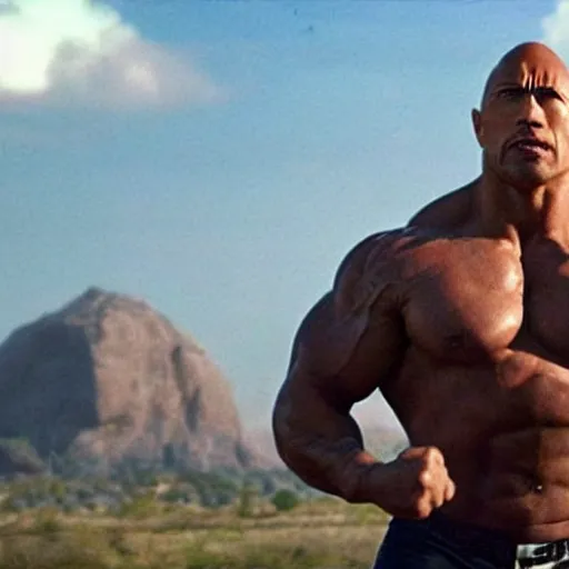 Image similar to photo of dwayne the rock johnson flexing and yelling let's go!, bell visible in the background on his right, low perspective, isometric perspective, film scene