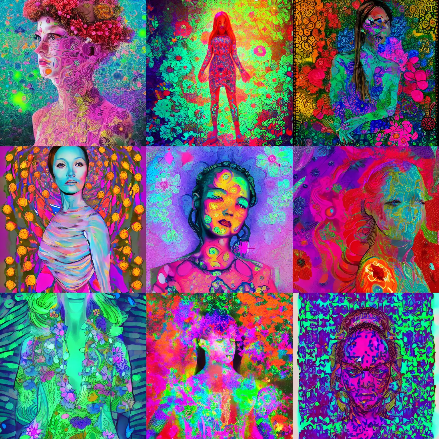 Image similar to ai - generated art, generated by an ai image generator who read this caption. tags : detailed, psychedelic, self - aware, design your own avatar, lady with glowing flowers dress, matte painting, trending on artstation