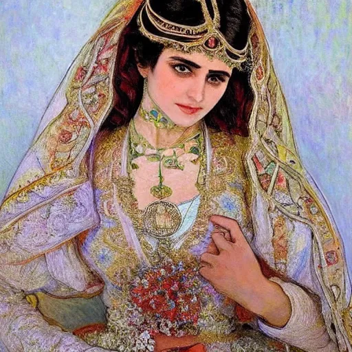 Image similar to full body portrait of a beautiful Kurdish bride wearing a beautiful wedding dress, very detailed eyes, hyperrealistic, beautiful and symmetrical face, very detailed painting by Claude Monet and Alphonse Mucha, ornate, trending on artstation, extremely high detail, incredibly intricate