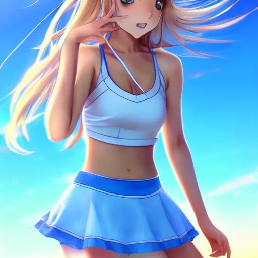 Prompt: a very beautiful young anime tennis girl, full body, long wavy blond hair, sky blue eyes, full round face, short smile, bikini, miniskirt, highly detailed, cinematic wallpaper by stanley artgerm lau