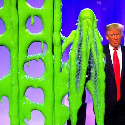 Image similar to donald trump making a speech while being slimed on nickelodeon kids choice awards, green slime, photography, cinematic shot,