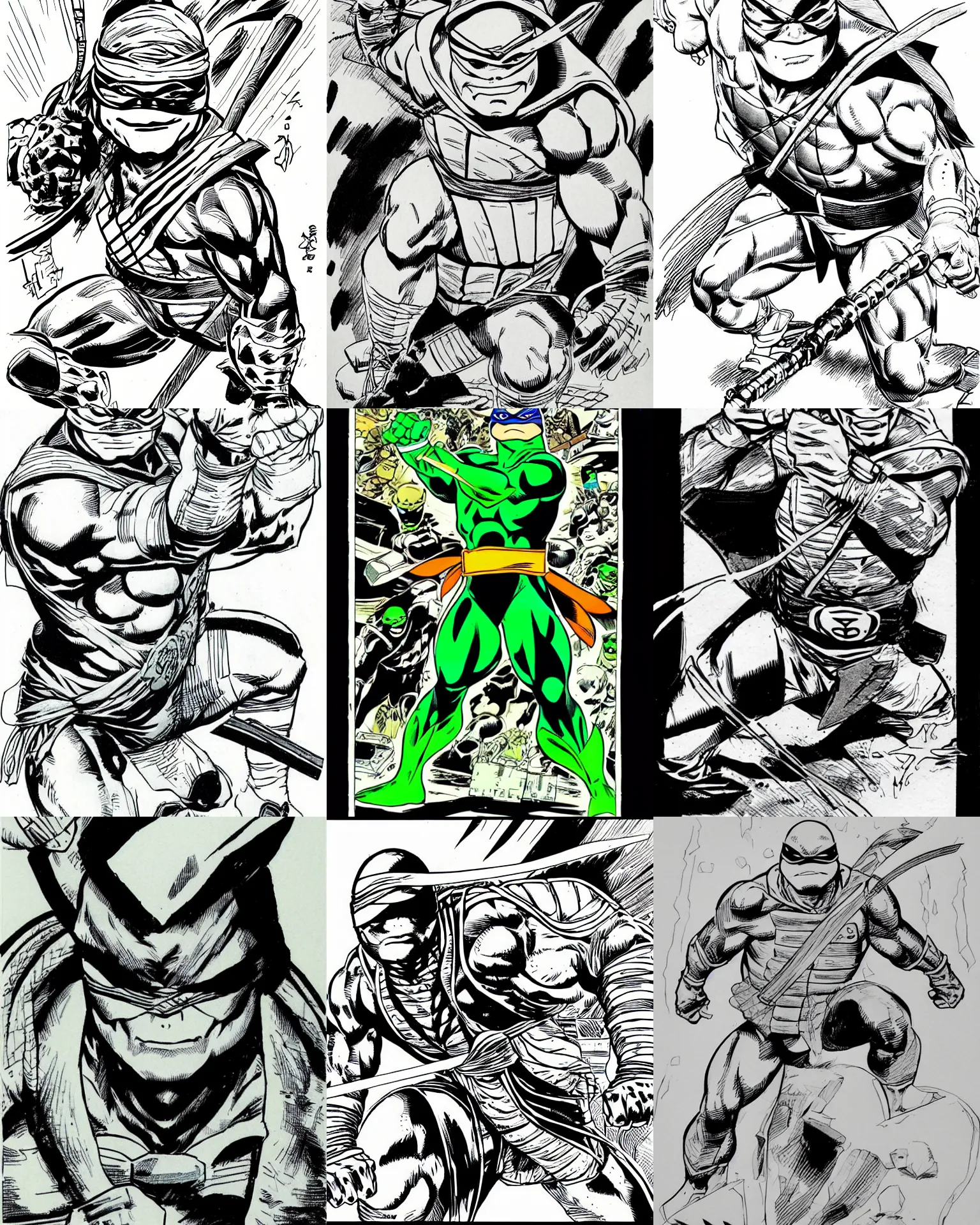 Prompt: year 1 9 8 5!!! ninja turtle!!! jim lee!!! medium shot!! flat ink sketch by jim lee close up in the style of jim lee, comic book ninja turtle by jim lee