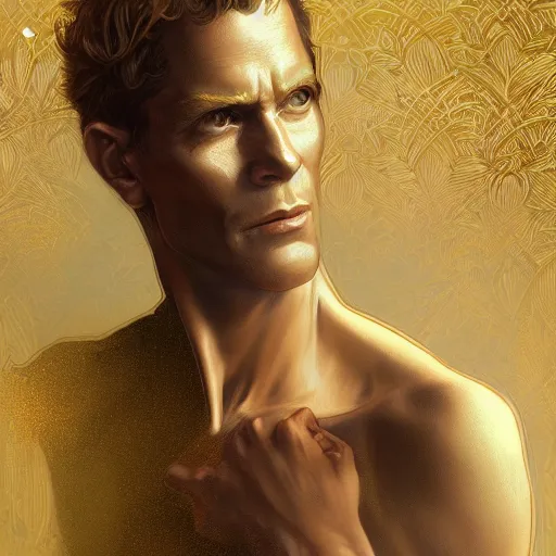 Image similar to Sandman with a gold suit, portrait, intricate, elegant, highly detailed, digital painting, artstation, concept art, smooth, sharp focus, illustration, art by artgerm and greg rutkowski and alphonse mucha