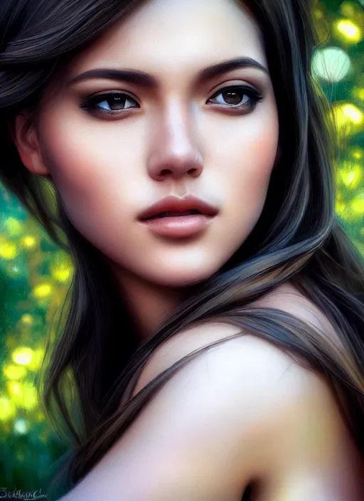 Image similar to photo of a gorgeous female in the style of stefan kostic, realistic, half body shot, sharp focus, 8 k high definition, insanely detailed, intricate, elegant, art by stanley lau and artgerm, bokeh foliage