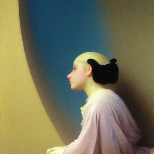 Image similar to a young woman's face, her hair is white and she wears a cobalt blue satin cloak, by ivan aivazovsky and syd mead and moebius and gaston bussiere and roger dean and pieter claesz and paul delaroche and alma tadema and aelbert cuyp and gabriel metsu, hyperrealistic, volumetric light, octane render