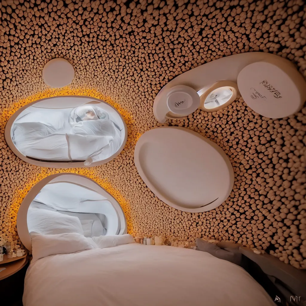 Prompt: inside cozy luxurious curved sleep-pod with wall to wall padding and sound system, amber ambient lighting, flower mural, XF IQ4, 150MP, 50mm, F1.4, ISO 200, 1/160s, dawn