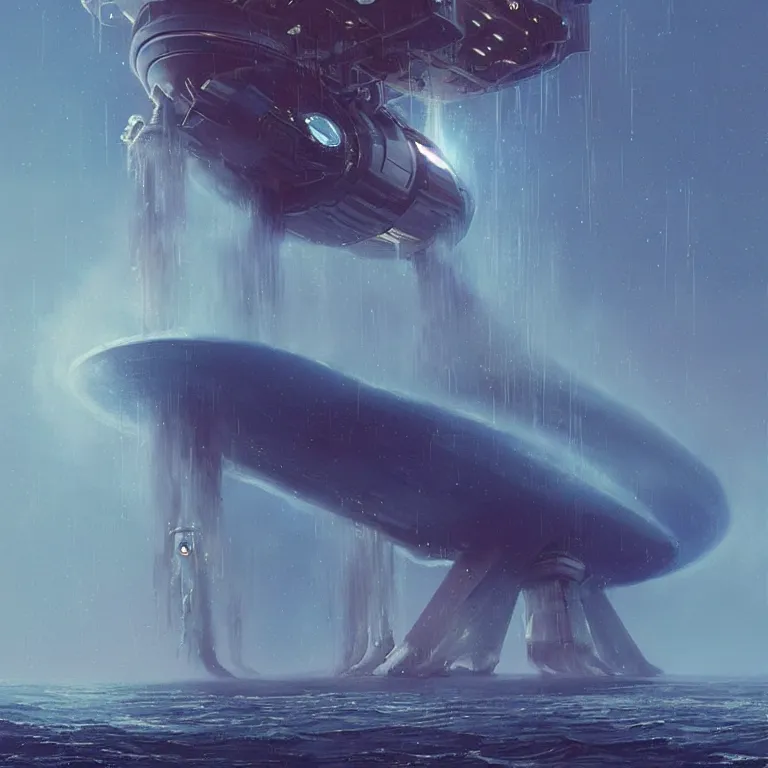 Image similar to gigantic mechanical spaceship called the nautilus dripping wet emerging from a the ocean, launching to space, big booster rocket engines, sci - fi concept art, by john harris, by simon stalenhag, stunning, award winning