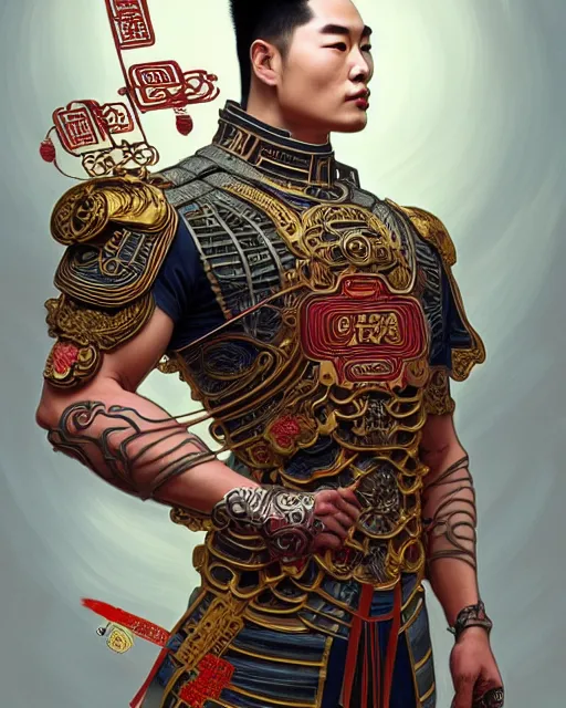 Image similar to portrait of a chinese masculine male cyberpunk machine, machine face, upper half portrait, decorated with chinese opera motifs, muscular, asian, fine china, wuxia, traditional chinese art intricate intense elegant 京 剧 highly detailed symmetry headpiece digital painting artstation concept art smooth sharp focus illustration, art by artgerm and greg rutkowski alphonse mucha 8 k