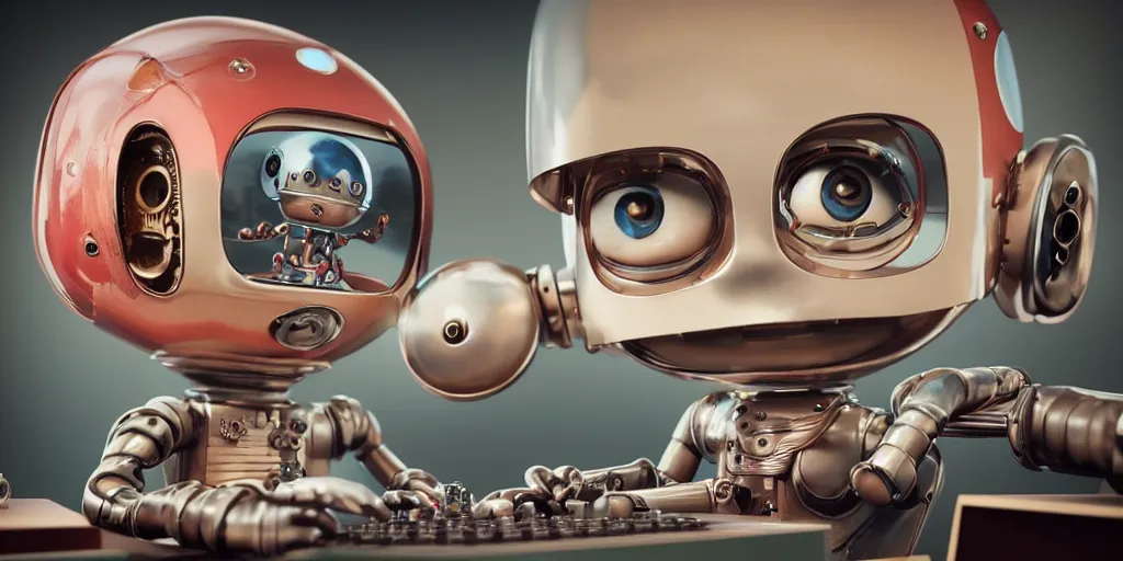 Image similar to closeup portrait of tin toy retro robot developper programming in a computer lab, depth of field, zeiss lens, detailed, centered, fashion photoshoot, by nicoletta ceccoli, mark ryden, lostfish, breathtaking, 8 k resolution, extremely detailed, beautiful, establishing shot, artistic, hyperrealistic, octane render