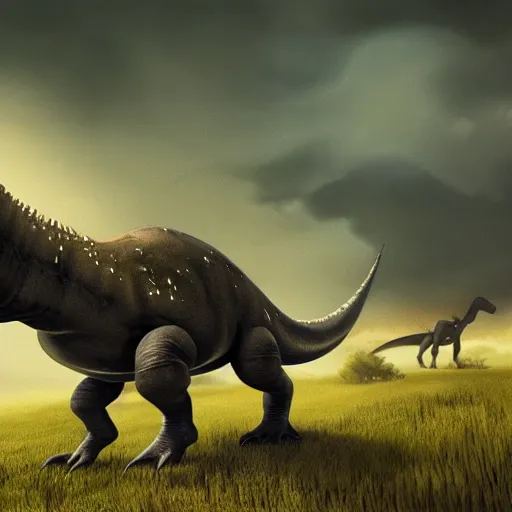 Image similar to Majestic dinosaur striding through field, eerie, lovecraftian, moody, concept art, cinematic